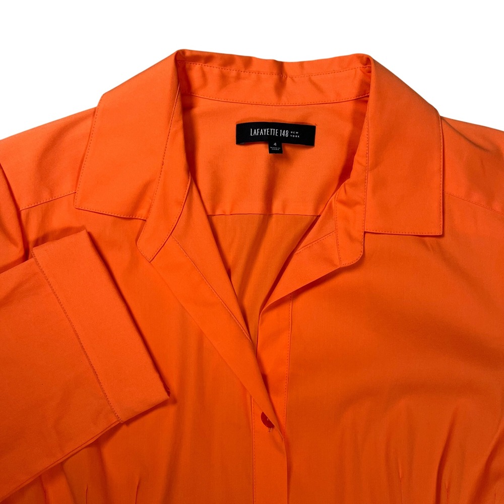 Lafayette 148 NY Button Up Shirt Womens Sz 4 Orange Pintuck 3/4 Sleeve Stretch - Picture 1 of 8